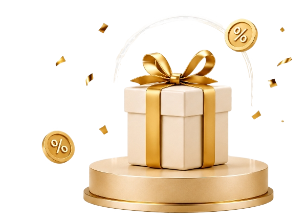 Golden gift on a podium with reward coins and confetti
