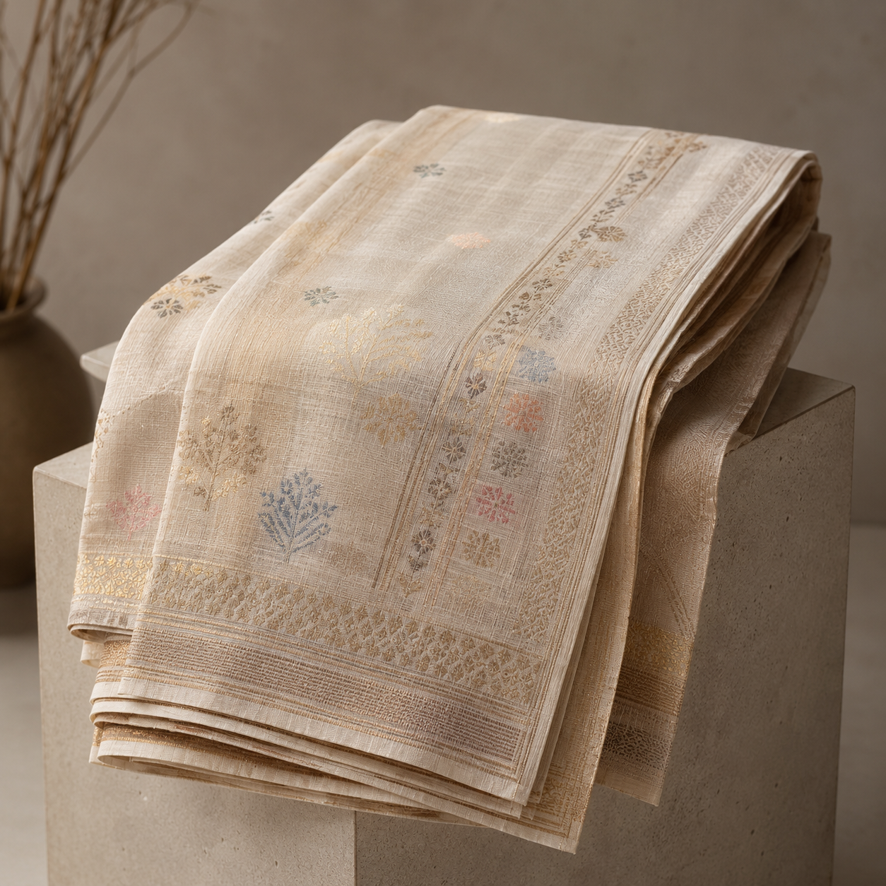 Handloom saree folded on a pedestal