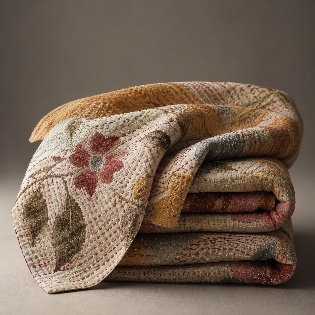 Nakshi kantha quilt folded in a stack
