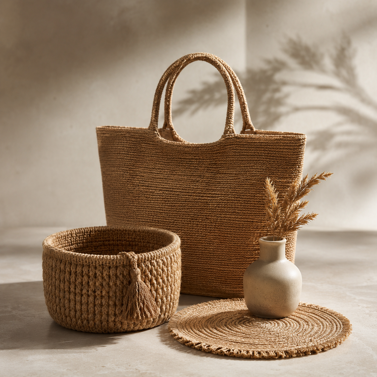 Jute and woven craft collection with basket and tote