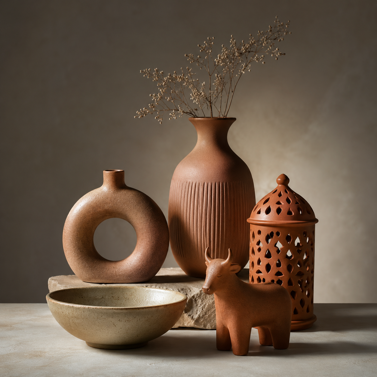 Clay and home decor collection with pottery pieces