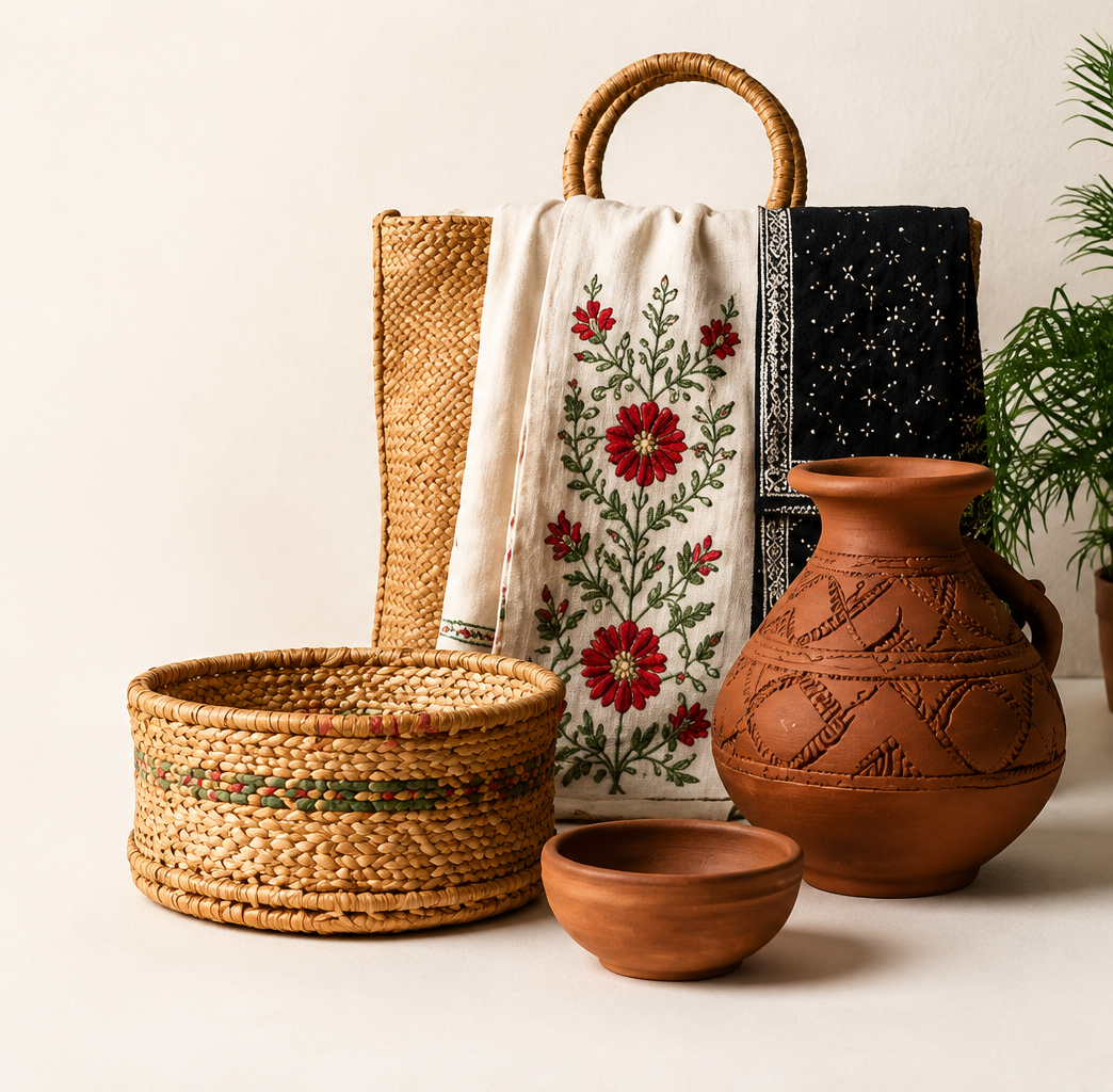 Village craft collection with woven basket, embroidered textile, and pottery